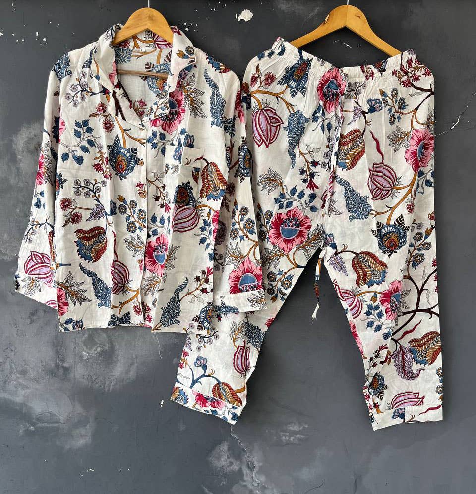 White Hand Block Print Women Dress Nightwear Suit Cotton Set: M