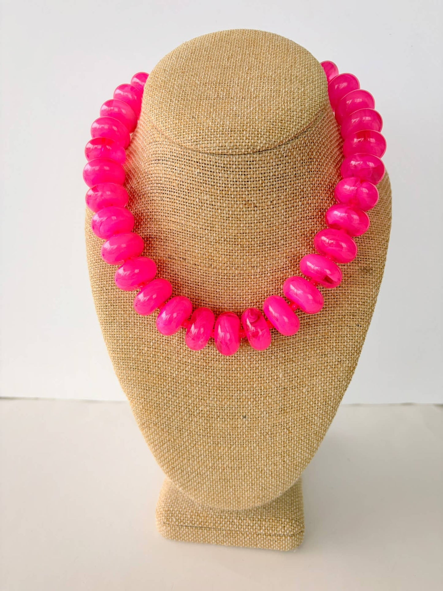 Hot Pink Rondelle Beaded Necklace – Bold Statement Layering Necklace (Adjustable 18”)