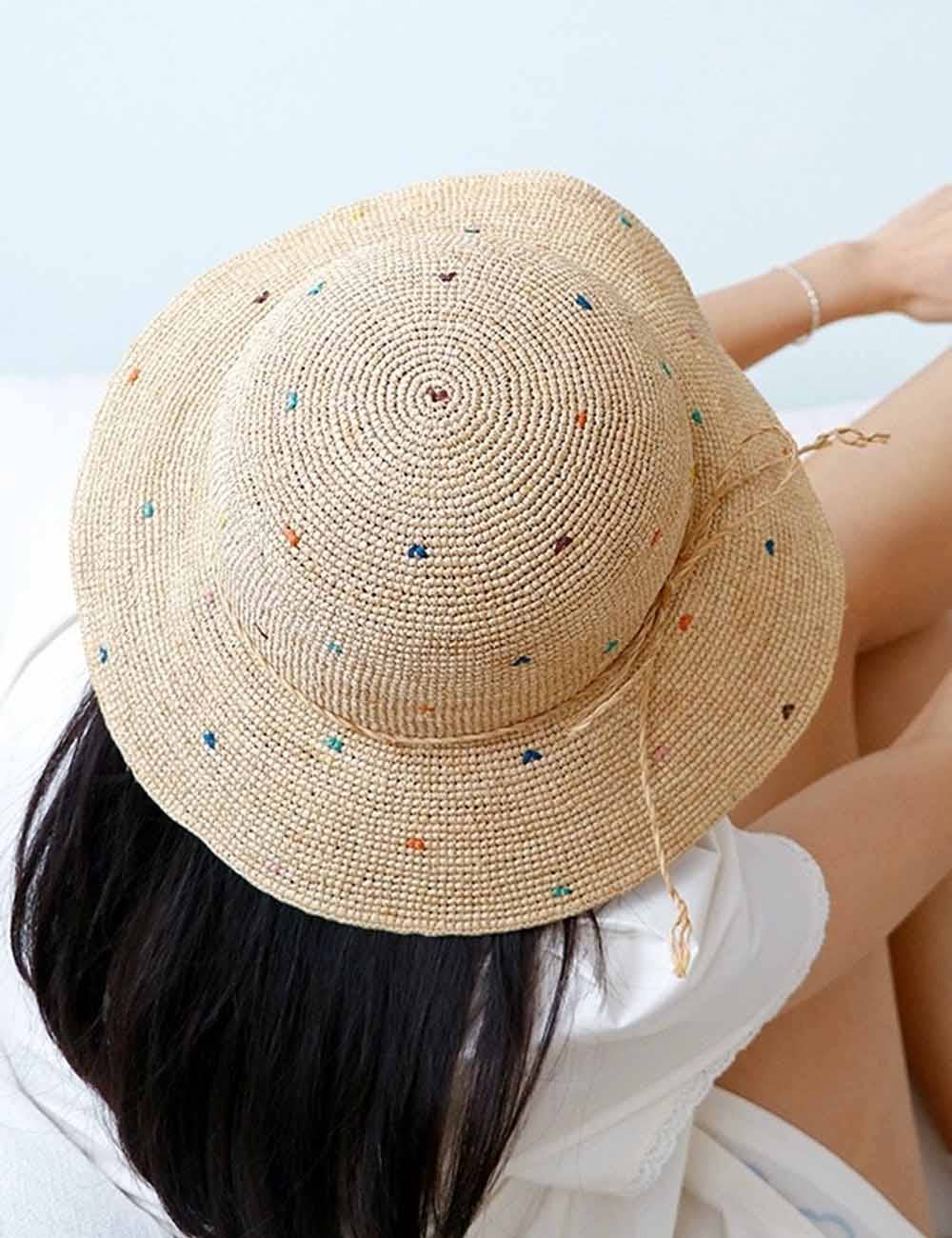 Simple Colorful Dots Raffia Straw Bucket Hat DP25E412: Khaki
