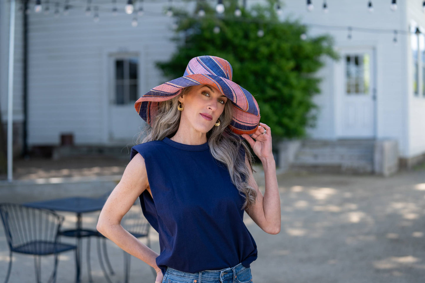 Monica 5" & 7" Wide Brim Stripe Packable Straw Sun Hats: Olive Swirl / 7 Inch