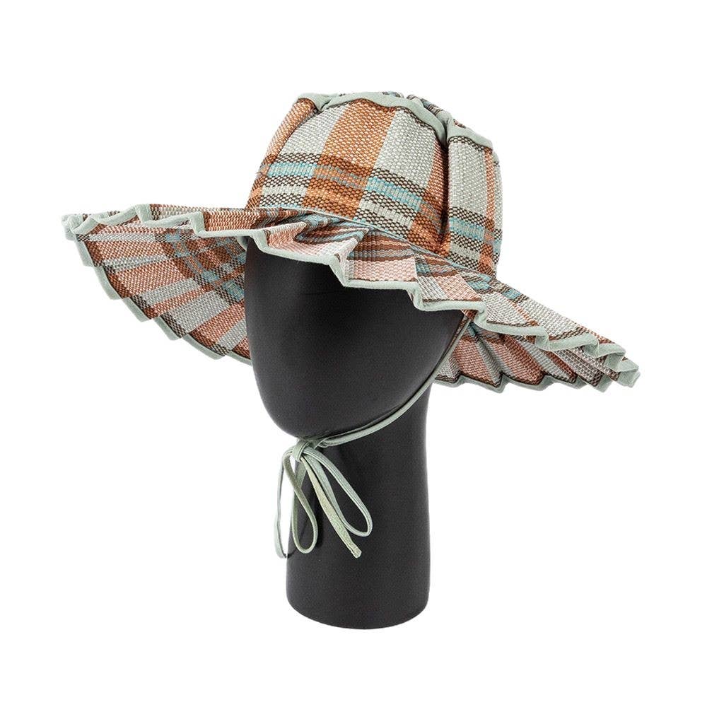 Ruffle Check Straw Hat Plaid Straw Sun Hat: Green / M