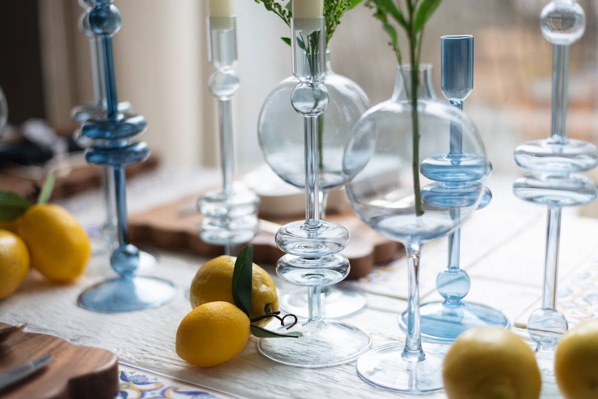 Glass Candlestick Pair, Medium, Denim