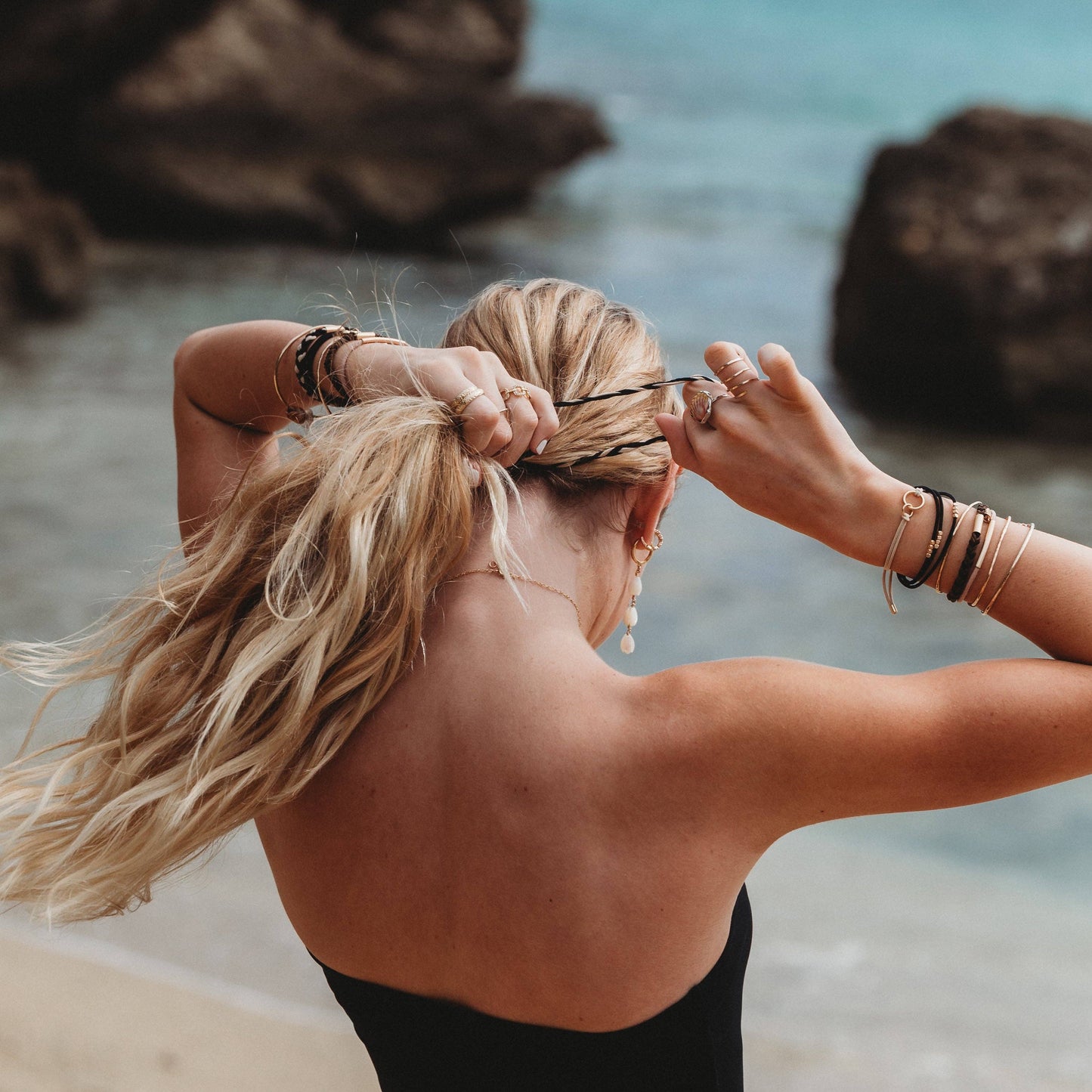 "Connect" Black and Cream with Gold Accent Hair Tie Bracelets: Medium