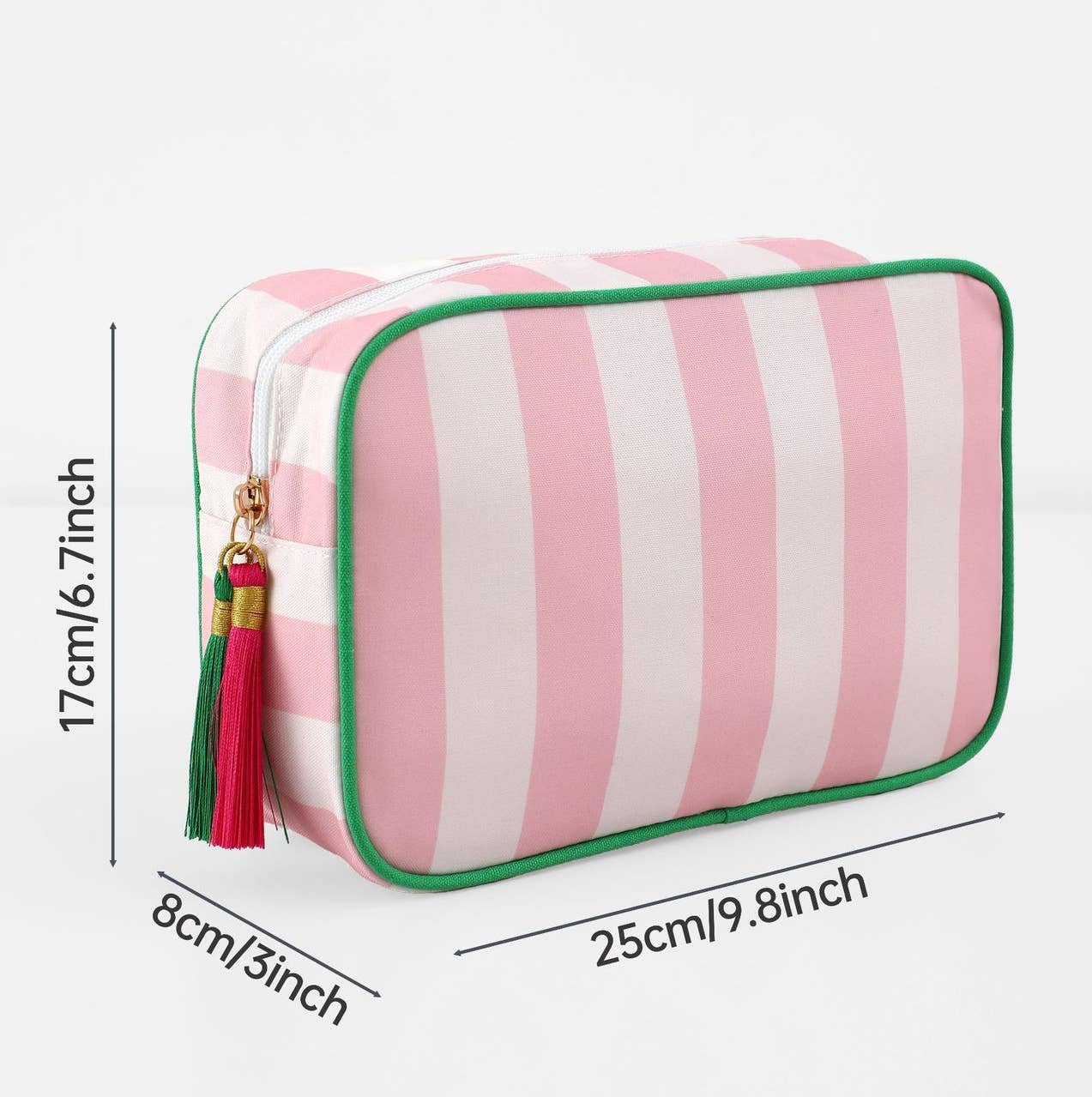 Striped Cosmetic Bag Tassel Zip Makeup Bag: Gpink / M