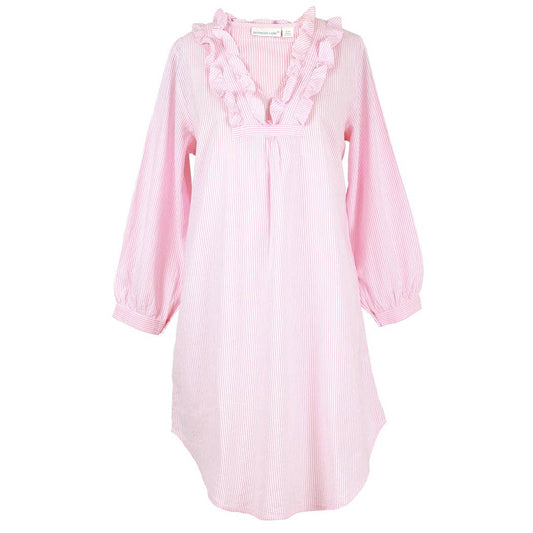 Pink Seersucker ~ Long Sleeve Ruffled Nightshirt