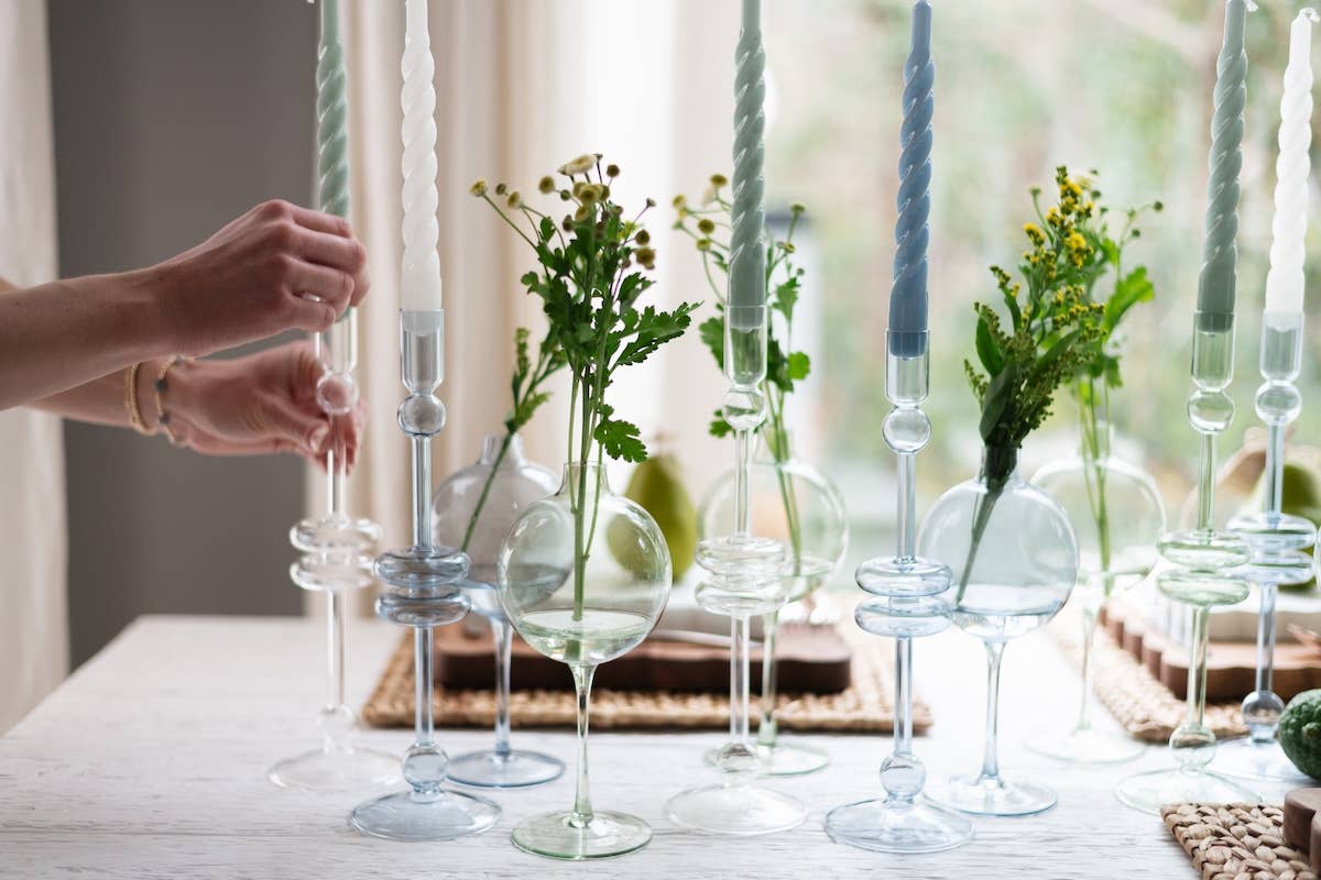 Glass Candlestick Pair, Medium, Denim