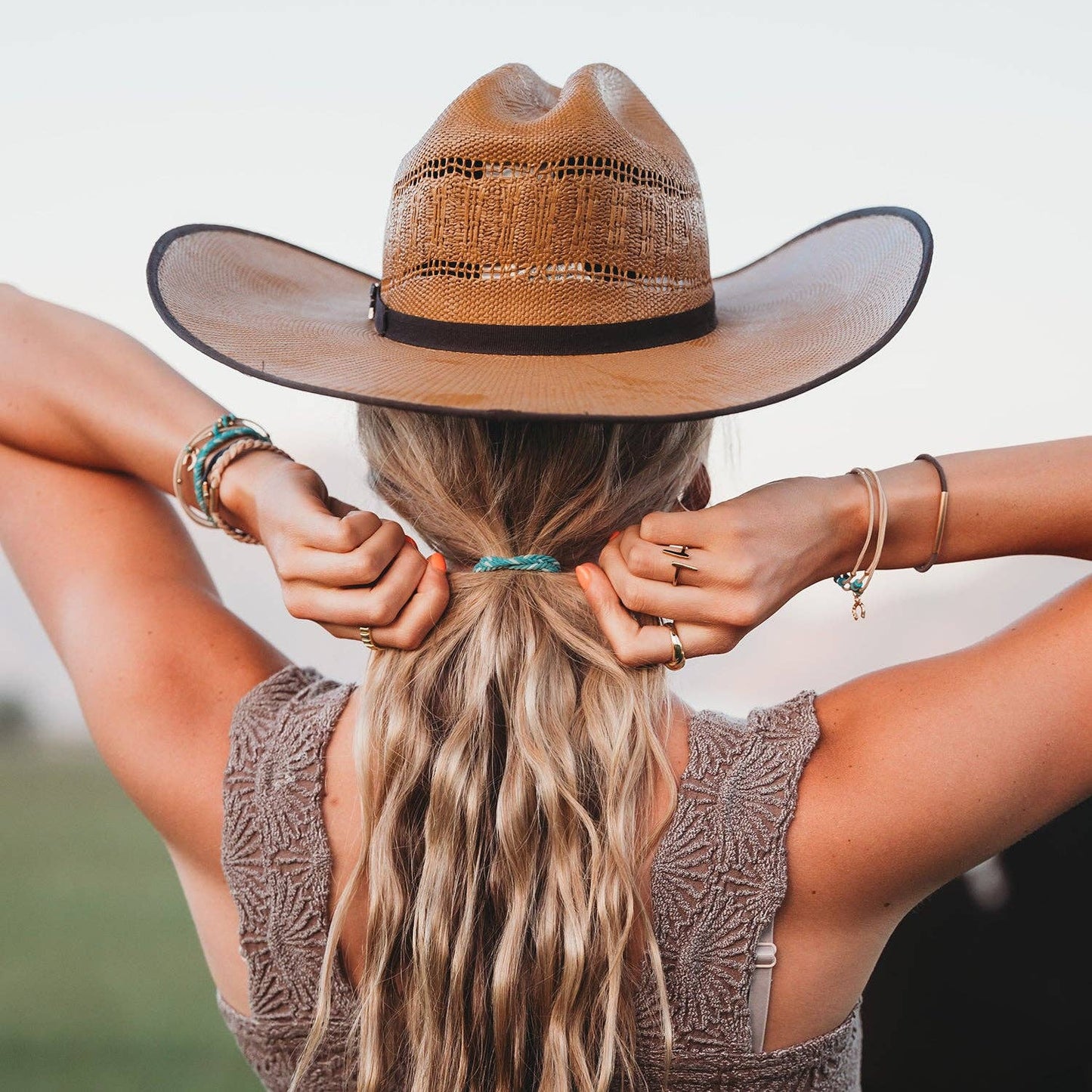 "Stride" Turquoise with Gold Cowboy Boot Hair Tie Bracelets: Medium