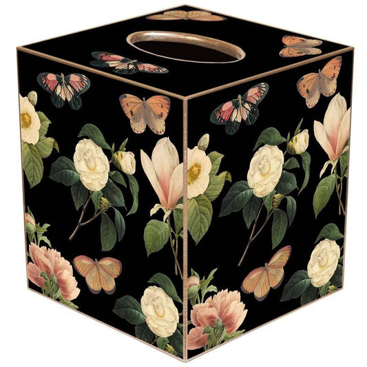 Floral 1 on Black Tissue Box Cover: Paper Mache - Sotre Collection