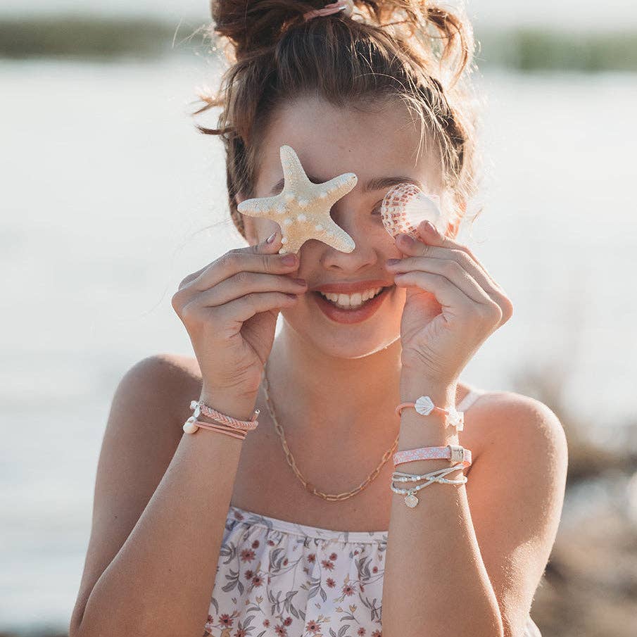 "Shimmer" Coral with Shell Hair Tie Bracelets: Medium