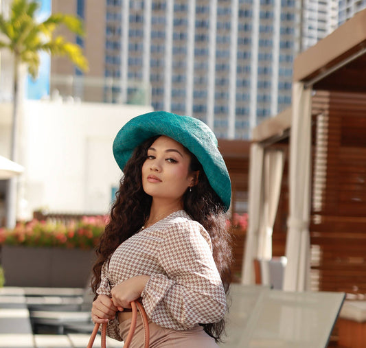 Monica 5" & 7" Wide Brim Solid Color Packable Straw Sun Hats: Teal / 5 Inch