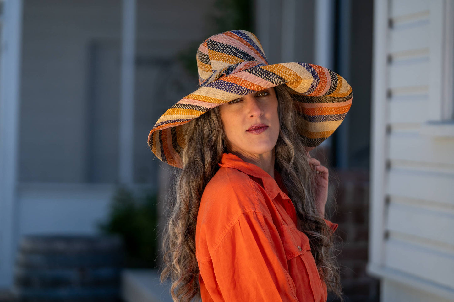 Monica 5" & 7" Wide Brim Stripe Packable Straw Sun Hats: Pink Lemonade Swirl / 7 Inch