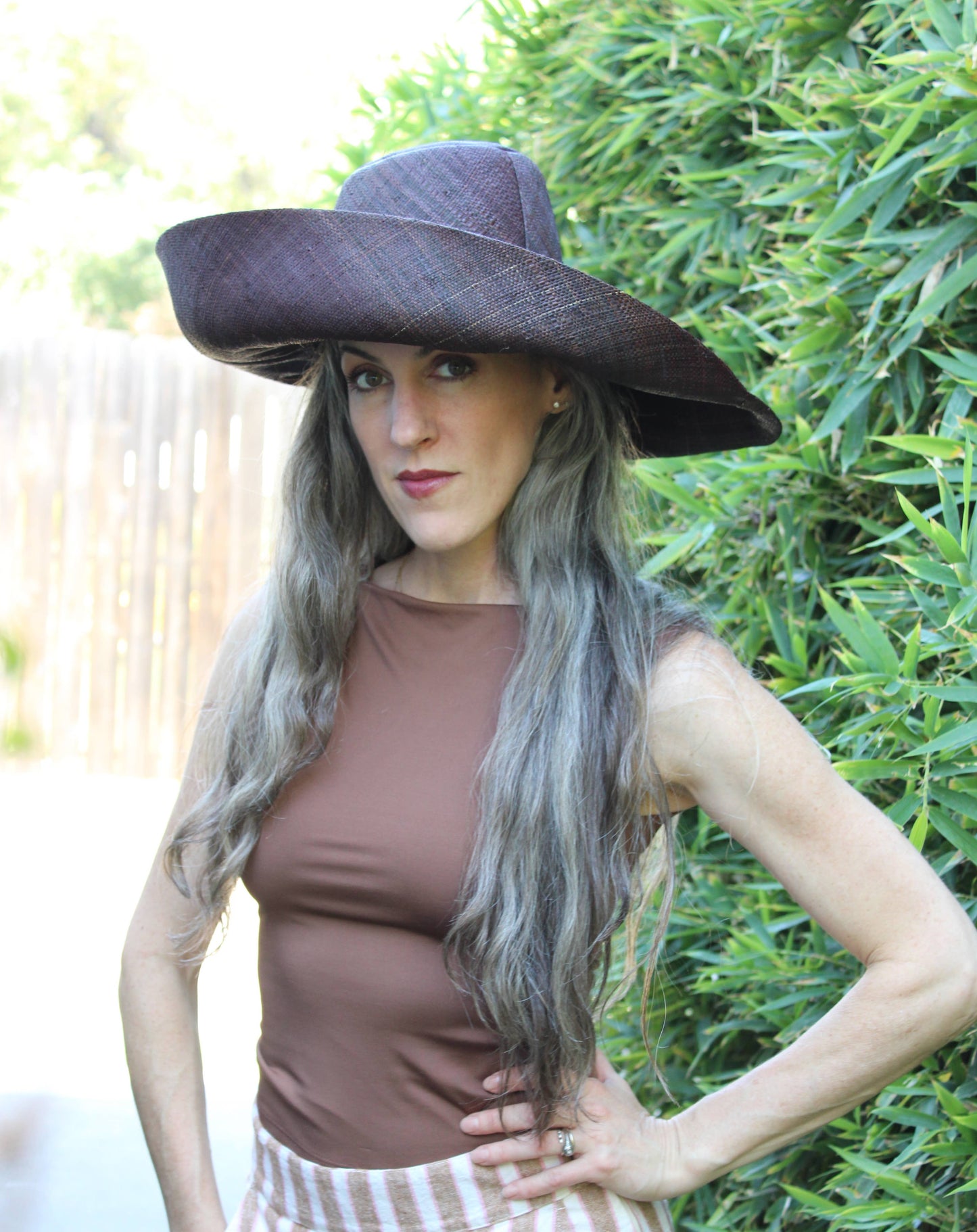 Monica 5" & 7" Wide Brim Solid Color Packable Straw Sun Hats: Tobacco / 5 Inch