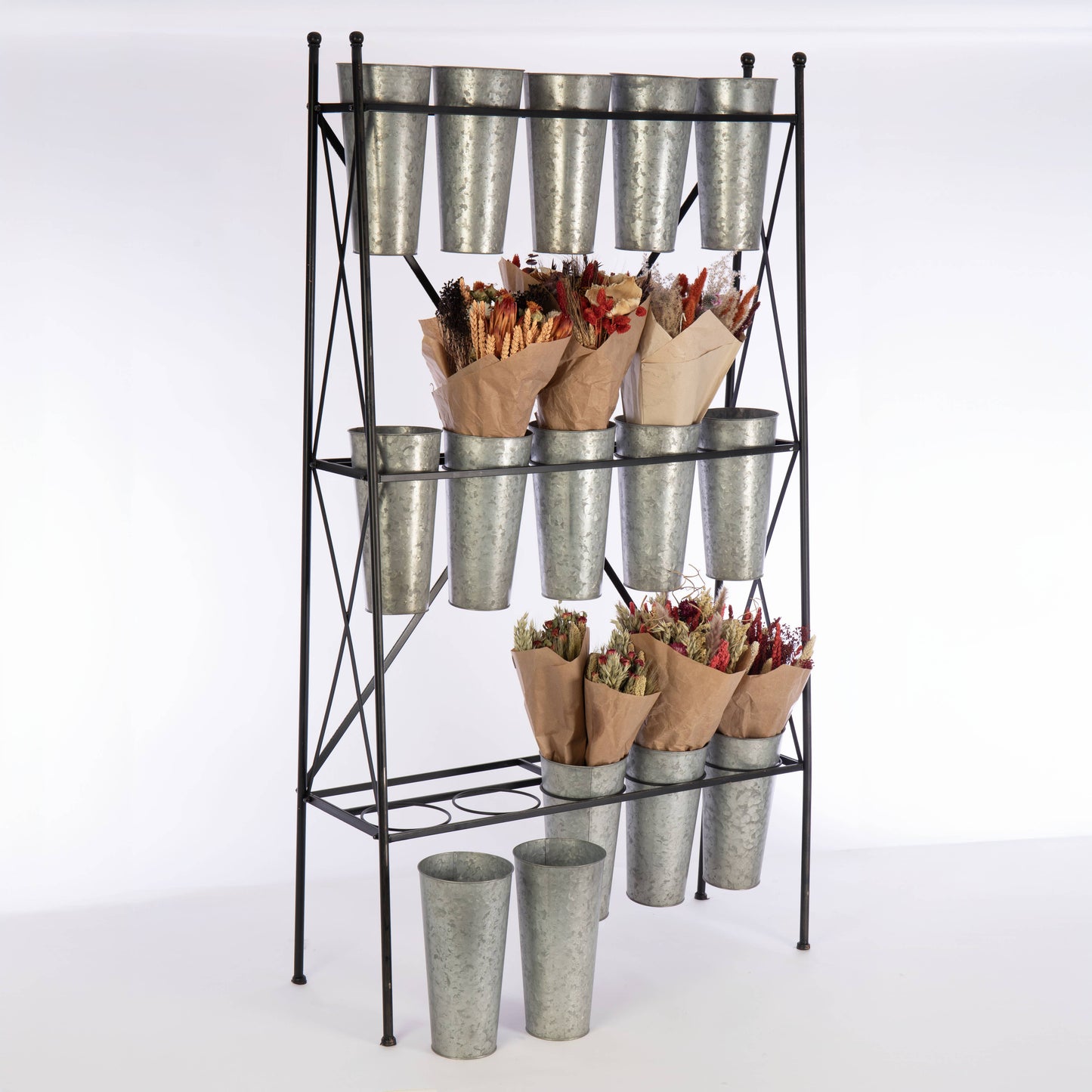 Galvanized Metal 3-Tier Display Stand w/15 Buckets
