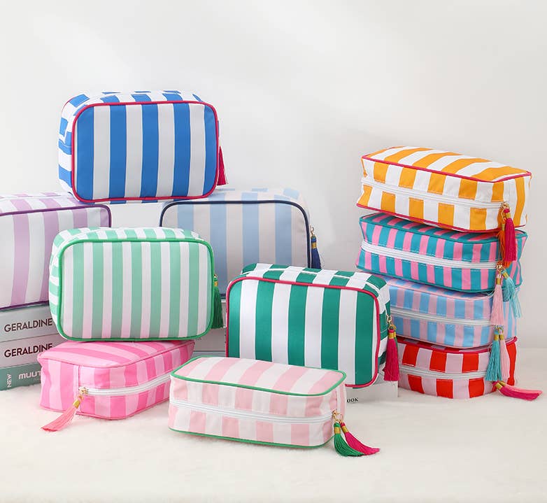 Striped Cosmetic Bag Tassel Zip Makeup Bag: Orange / M