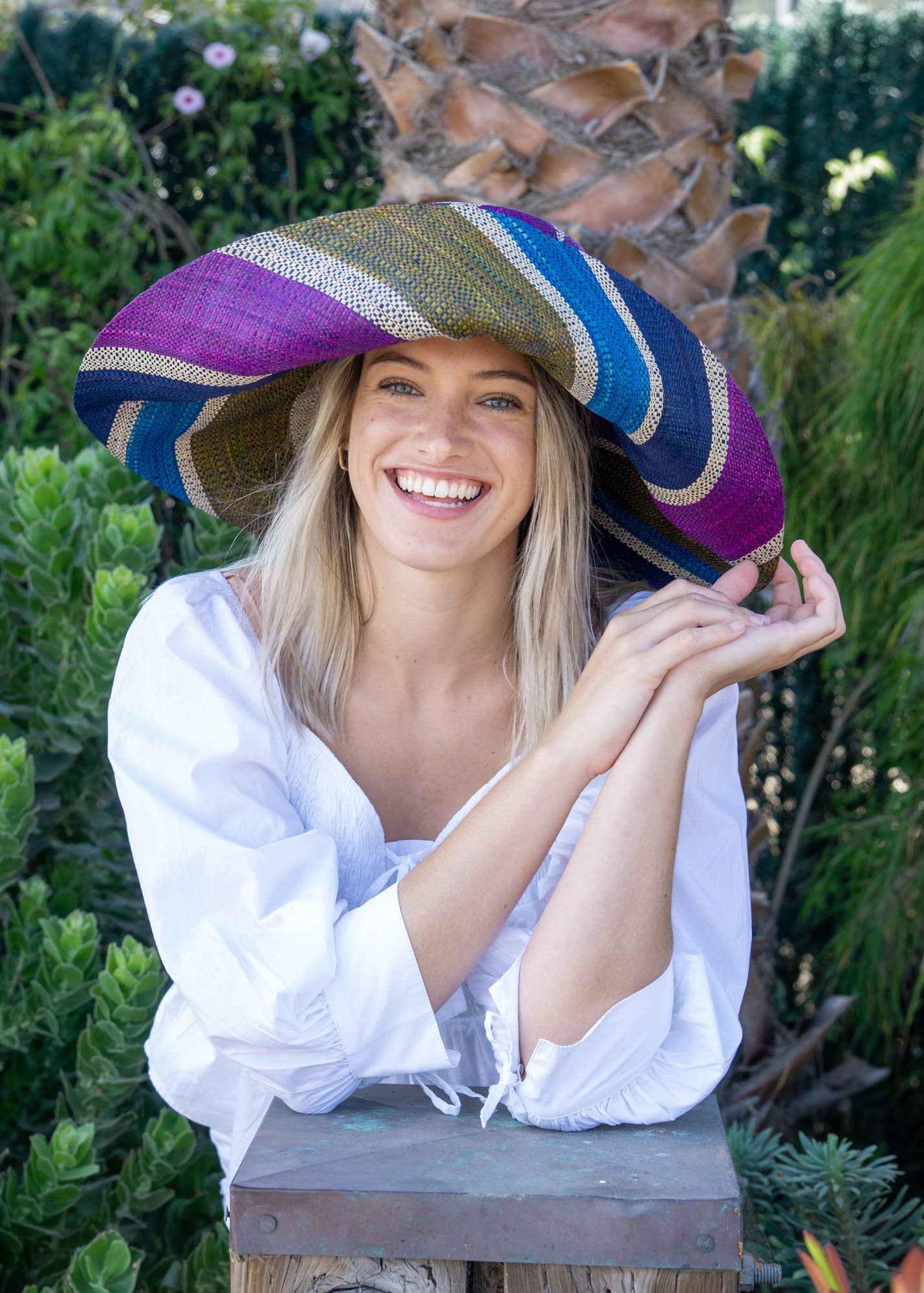 Monica 5" & 7" Wide Brim Stripe Packable Straw Sun Hats: Blueberry Swirl / 5 Inch
