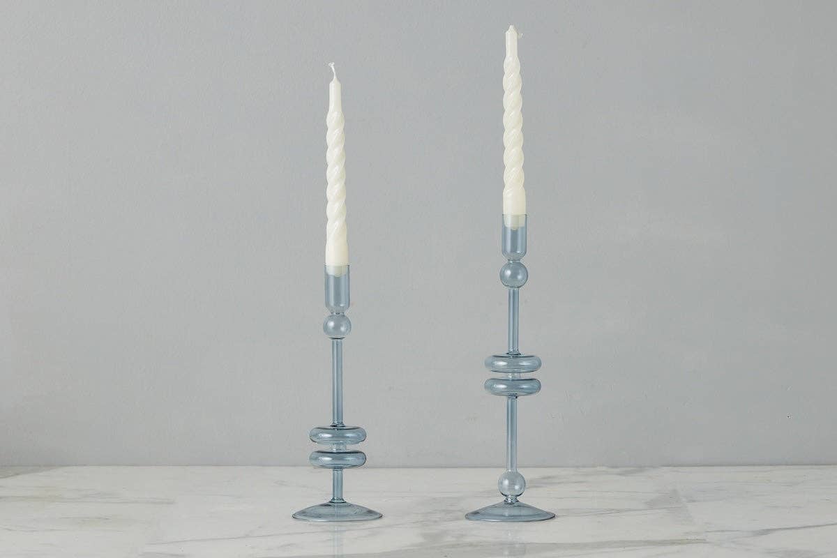 Glass Candlestick Pair, Medium, Denim