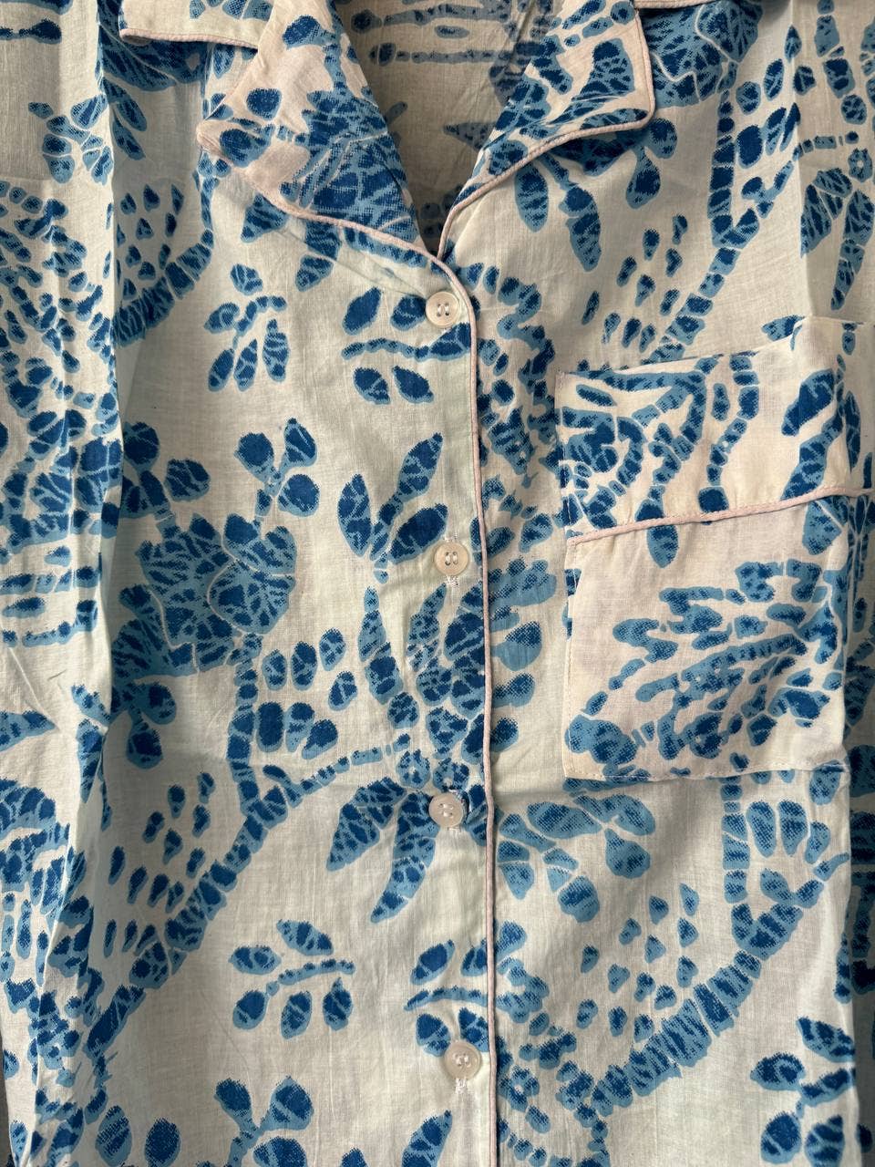 White Cotton Handmade Block Printed Pajama Set Long PJ Sets: M