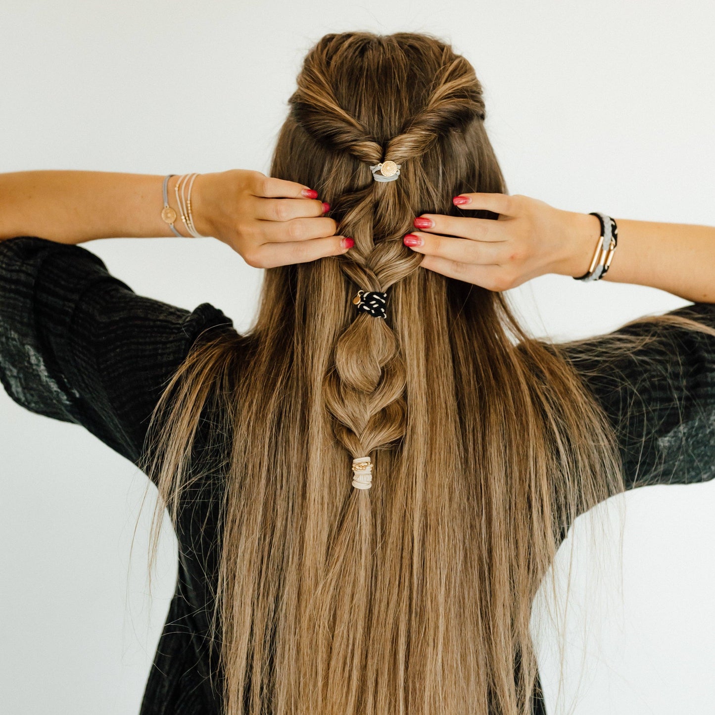 "Inspire" Grey and Black with Gold Flower Accent Hair Tie Bracelets: Medium