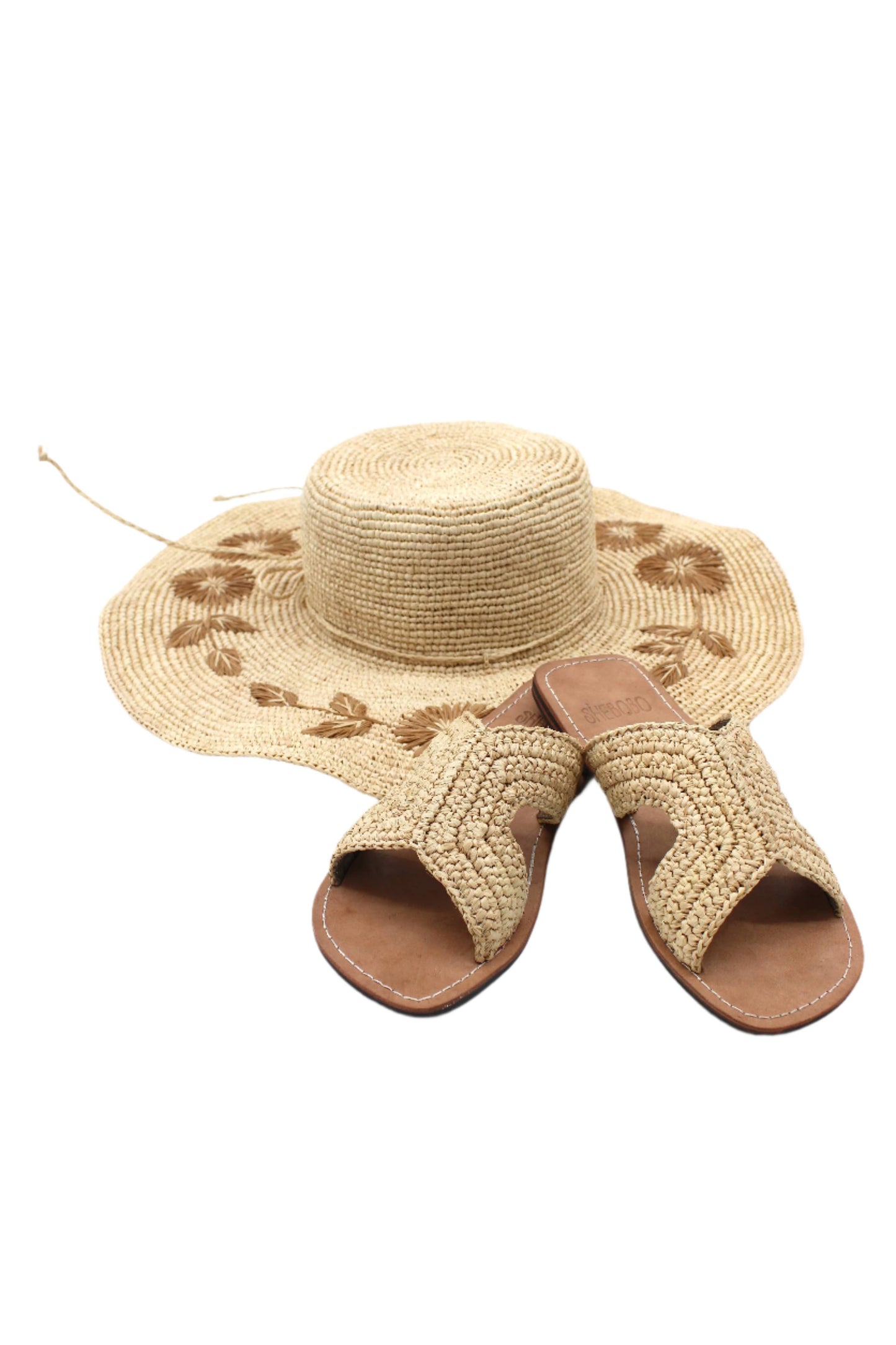 Gigi 5.5" Brim Floral Embroidered Crochet Straw Sun Hats: Cinnamon