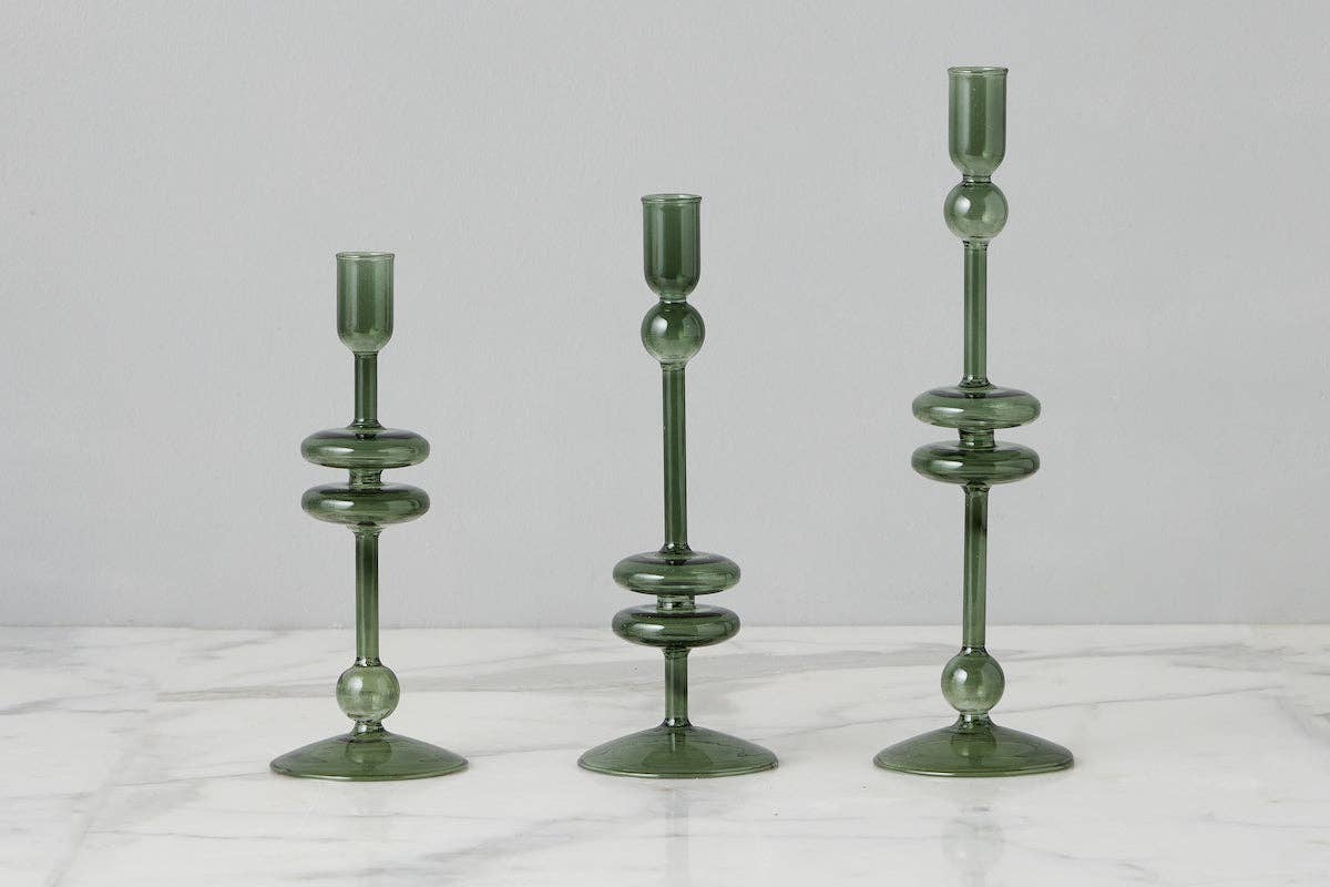 Glass Candlestick Pair, Small, Emerald
