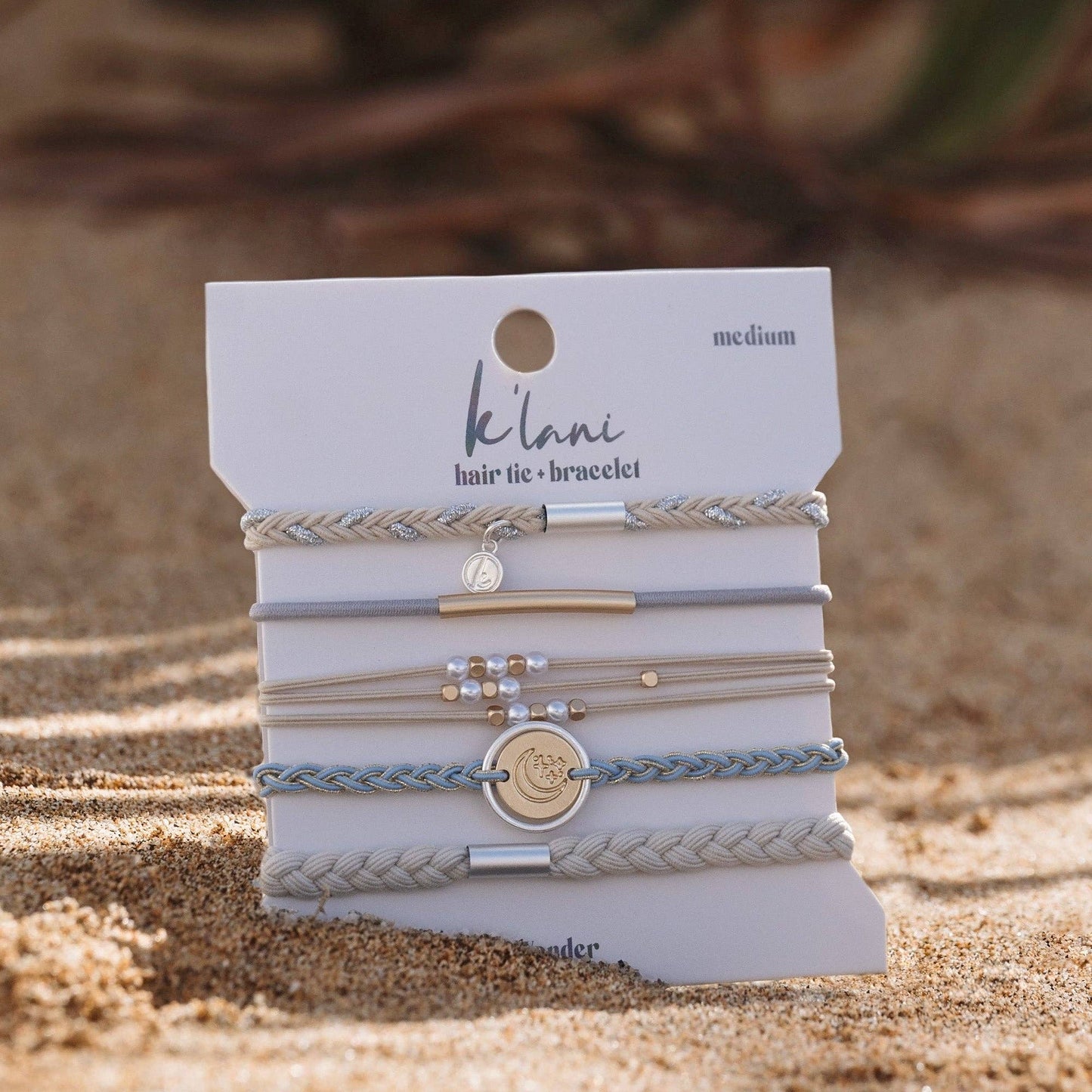 "Wonder" Soft Creams and Blues with Pearls and Gold Hair Tie Bracelets: Medium