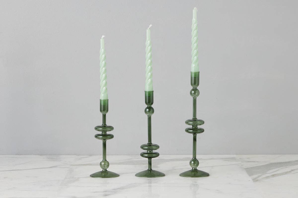 Glass Candlestick Pair, Small, Emerald
