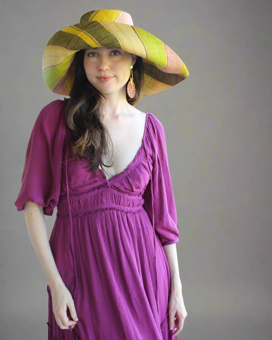 Monica 5" & 7" Wide Brim Stripe Packable Straw Sun Hats: Blueberry Swirl / 5 Inch