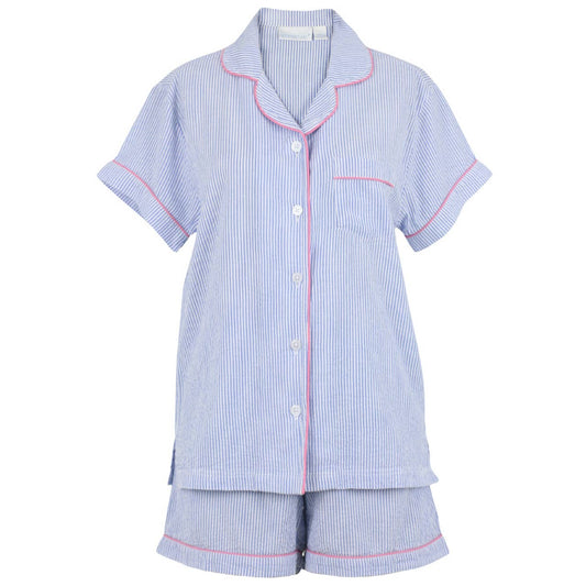 Blue Seersucker-Pink Short Sleeve Shorty Pajamas : M