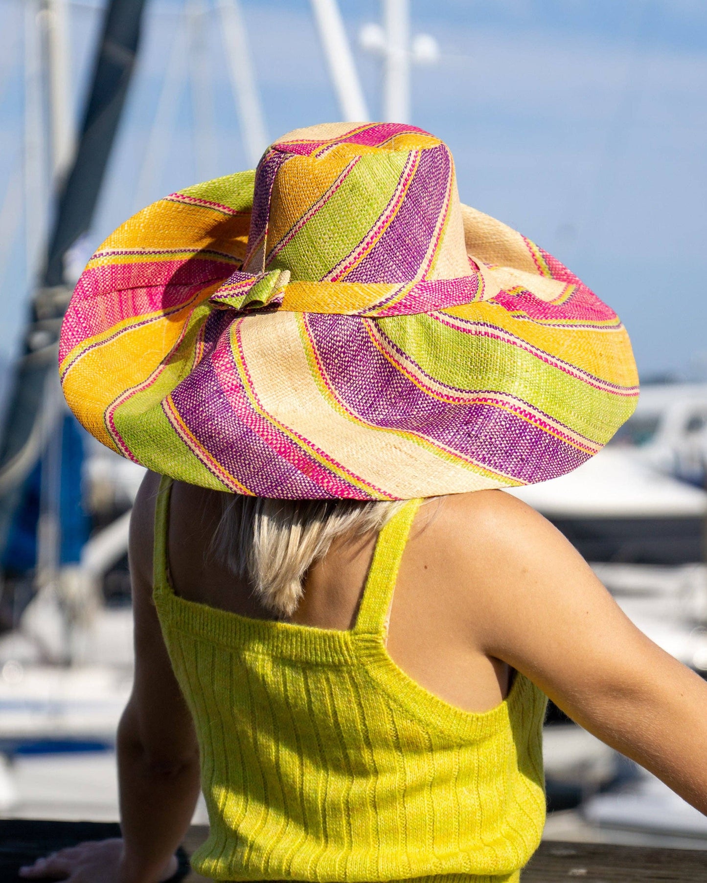 Monica 5" & 7" Wide Brim Stripe Packable Straw Sun Hats: Pink Lemonade Swirl / 7 Inch