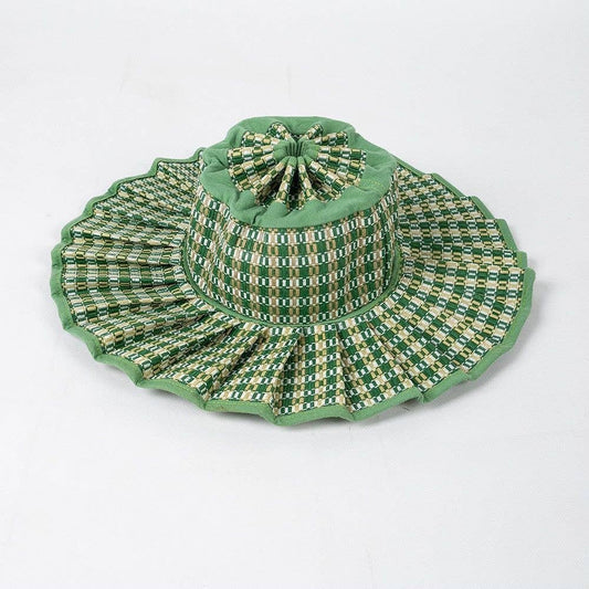 Ruffle Check Straw Hat Plaid Straw Sun Hat: Green / M