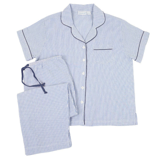 Blue Seersucker-Navy Short Sleeve Capri Pajamas: M