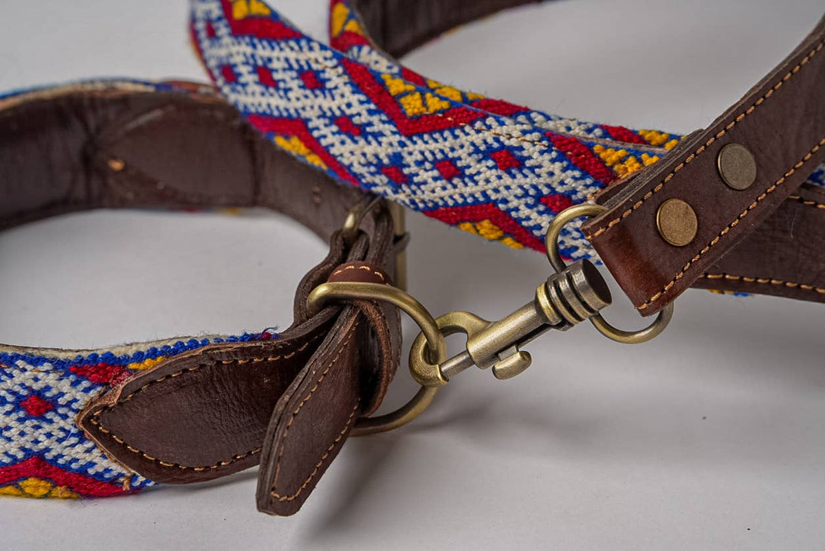 Vintage Kilim & Leather Dog Collar and Leash Set: Small