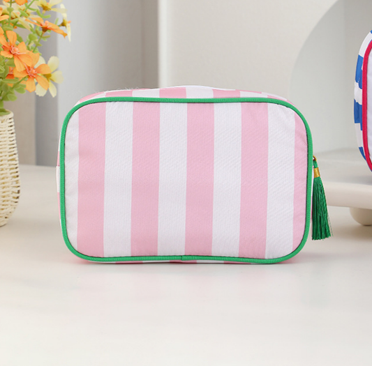 Striped Cosmetic Bag Tassel Zip Makeup Bag: Gpink / M