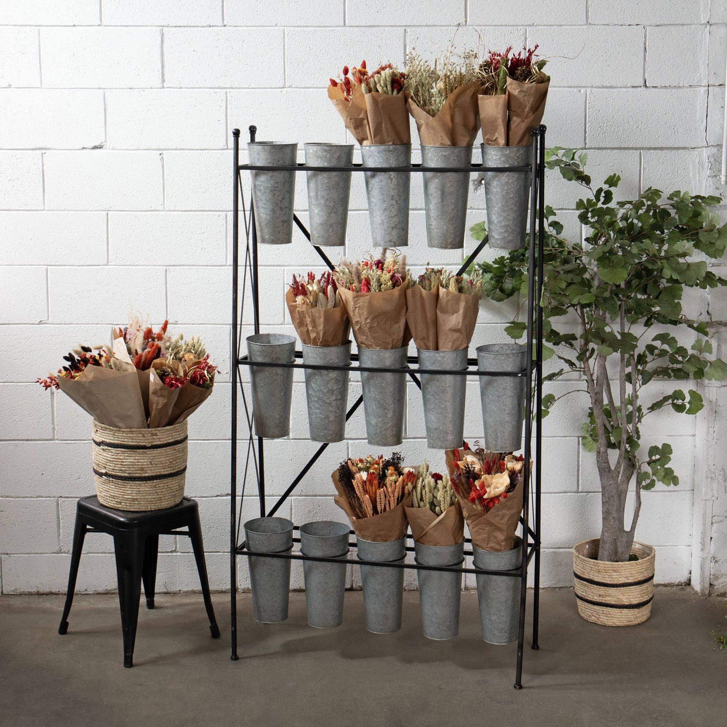 Galvanized Metal 3-Tier Display Stand w/15 Buckets