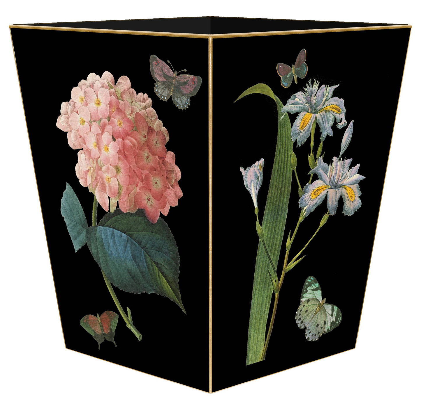 WB7BK- Pink Roses on Black Wastepaper Basket: Scalloped Top - Sotre Collection