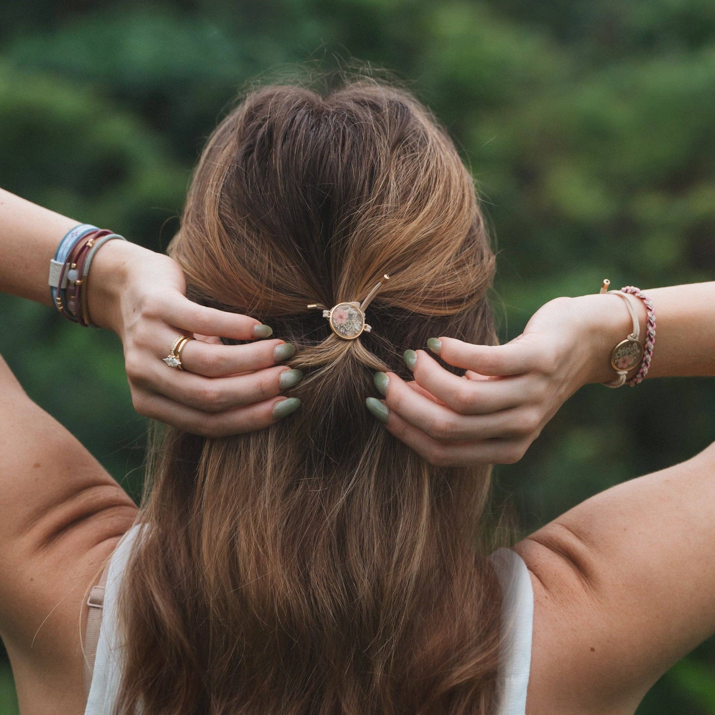 "Bloom" Maroon and Pink with Pressed Flowers Hair Tie Bracelets: Medium