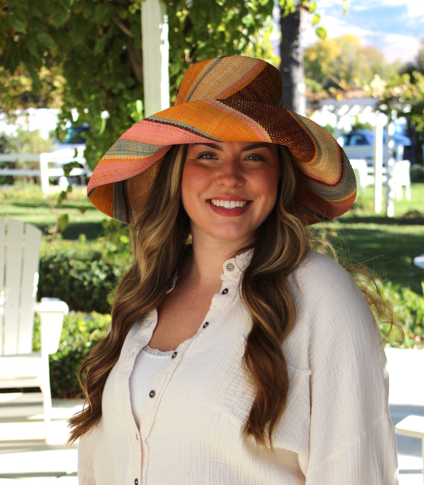 Monica 5" & 7" Wide Brim Stripe Packable Straw Sun Hats: Olive Swirl / 7 Inch