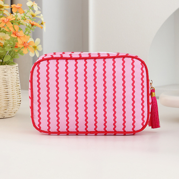 Striped Cosmetic Bag Tassel Zip Makeup Bag: Grass / M