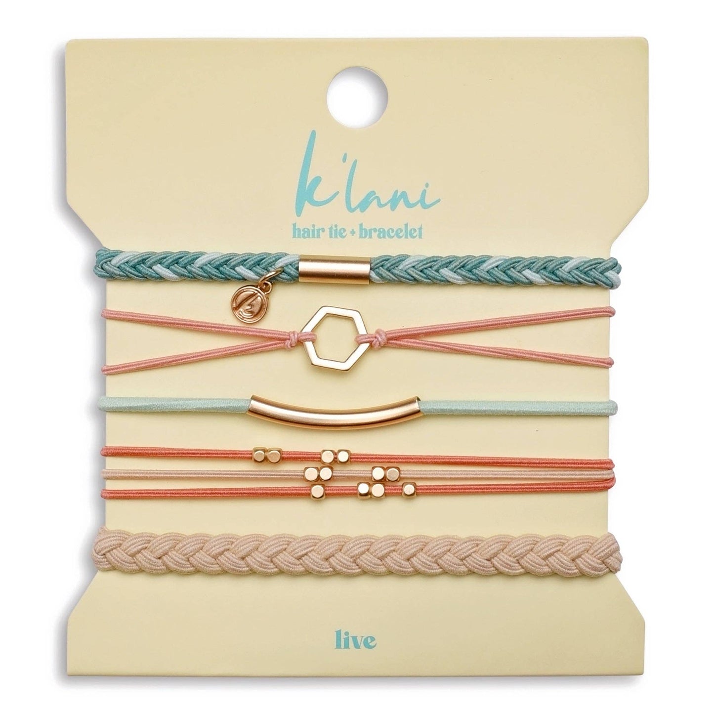 "Live" Teal and Coral with Gold Accent Hair Tie Bracelets: Medium