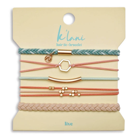 "Live" Teal and Coral with Gold Accent Hair Tie Bracelets: Medium