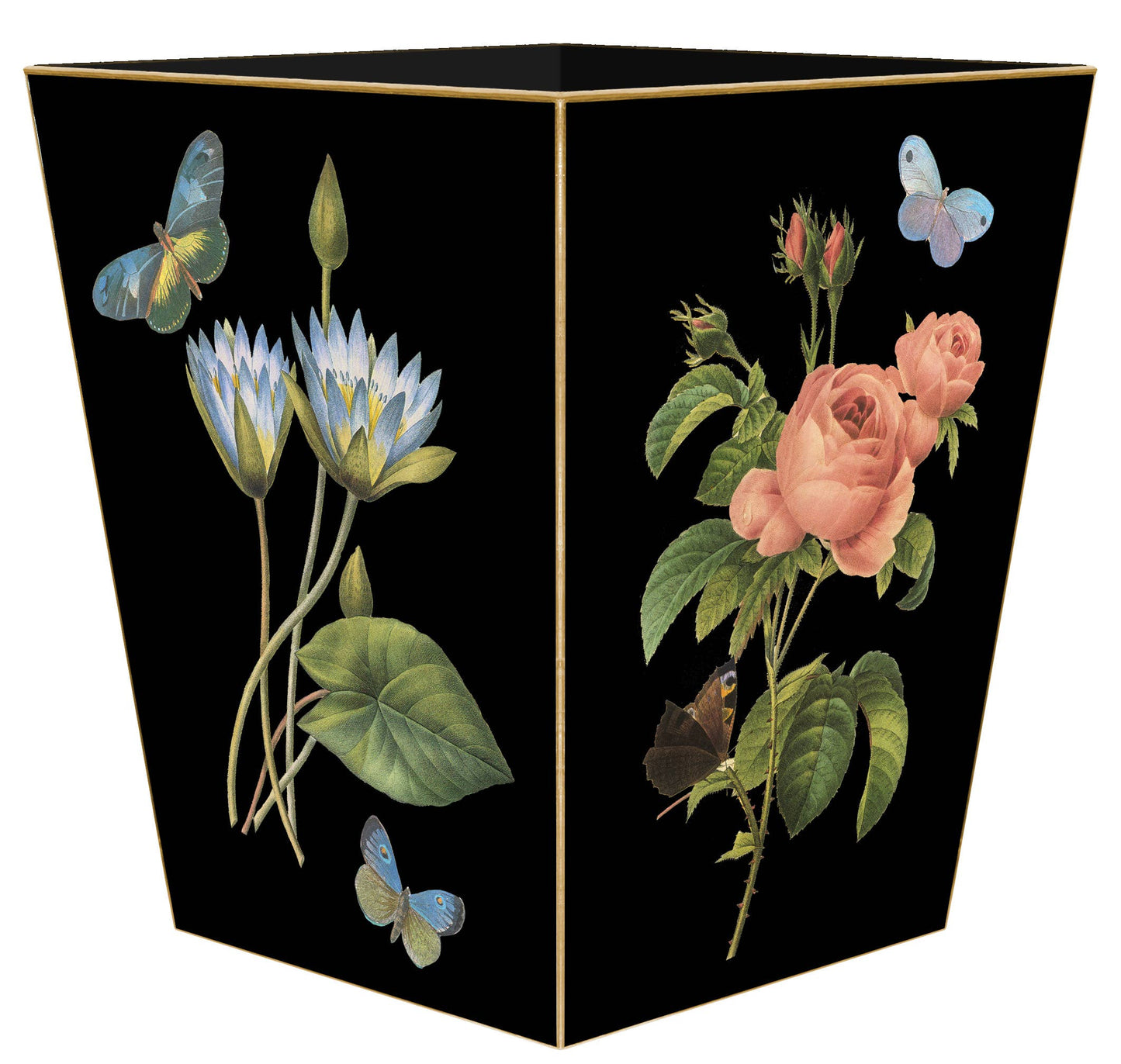 WB7BK- Pink Roses on Black Wastepaper Basket: Scalloped Top - Sotre Collection
