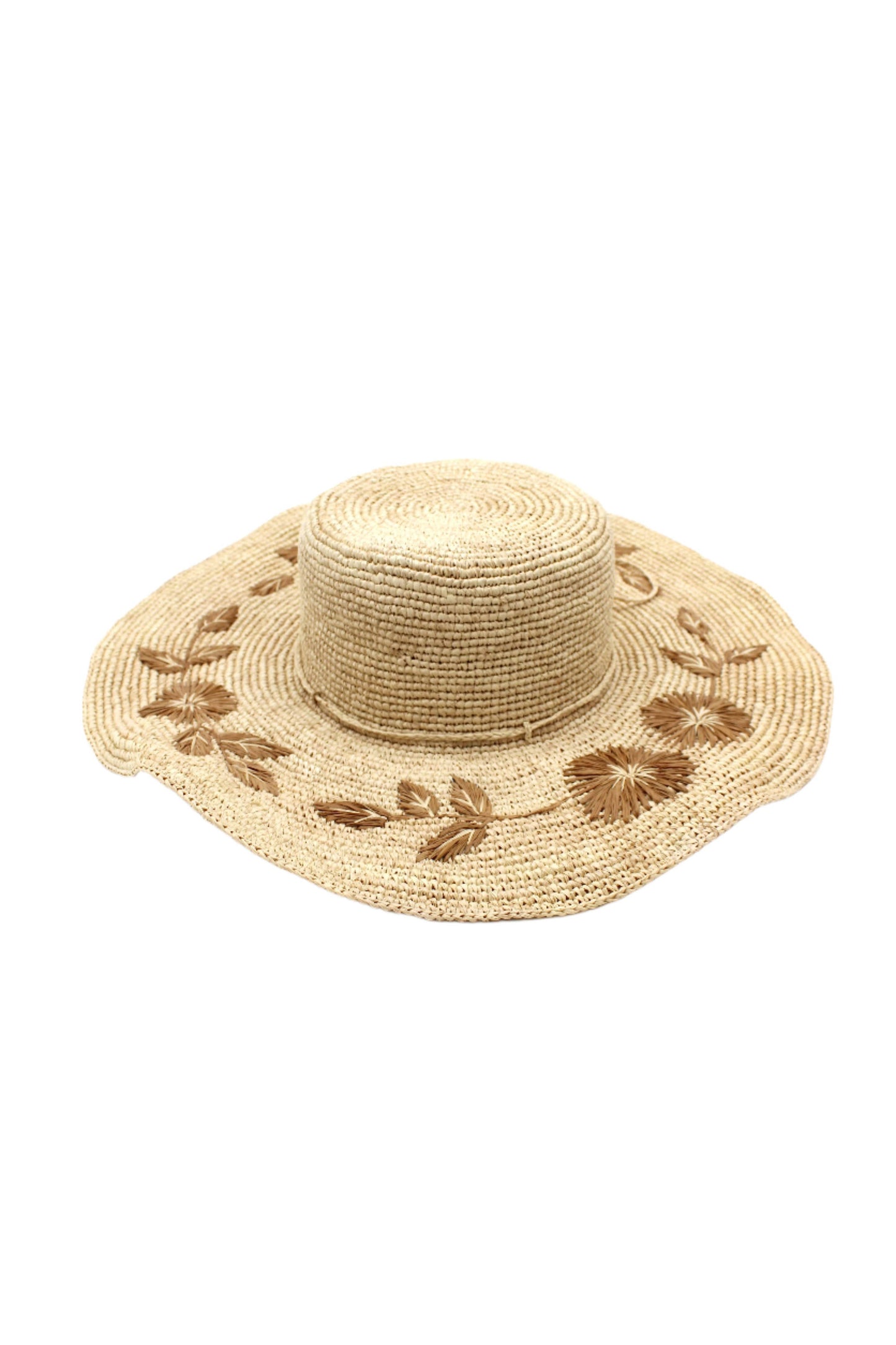Gigi 5.5" Brim Floral Embroidered Crochet Straw Sun Hats: Cinnamon