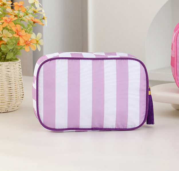 Striped Cosmetic Bag Tassel Zip Makeup Bag: Grass / M