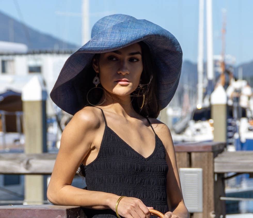 Monica 5" & 7" Wide Brim Solid Color Packable Straw Sun Hats: Denim / 5 Inch