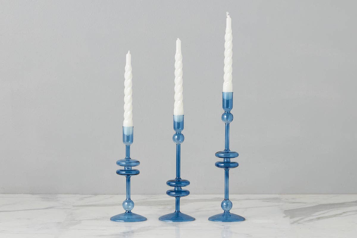 Glass Candlestick Pair, Small, Sapphire Blue