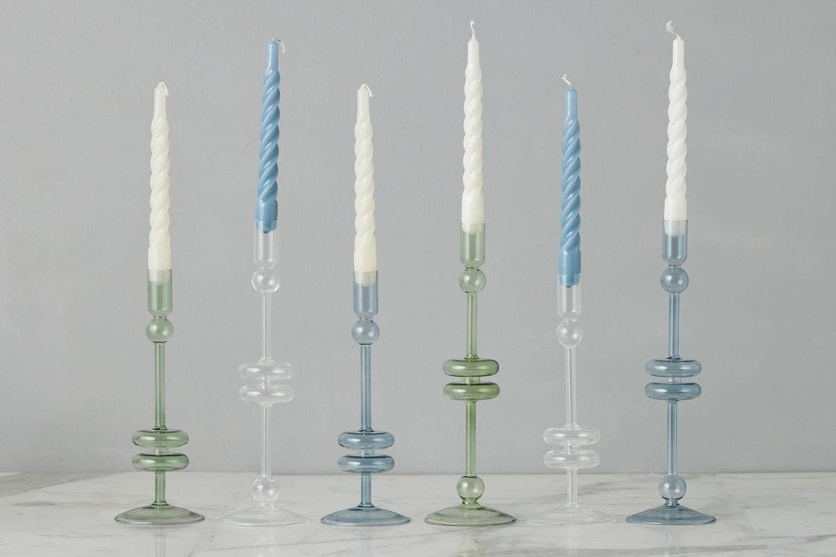 Glass Candlestick Pair, Medium, Denim