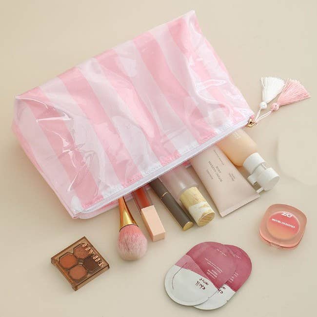 TRAVEL STRIPE COSMETIC MAKEUP POUCH BAG | 40P594: PINK GREEN