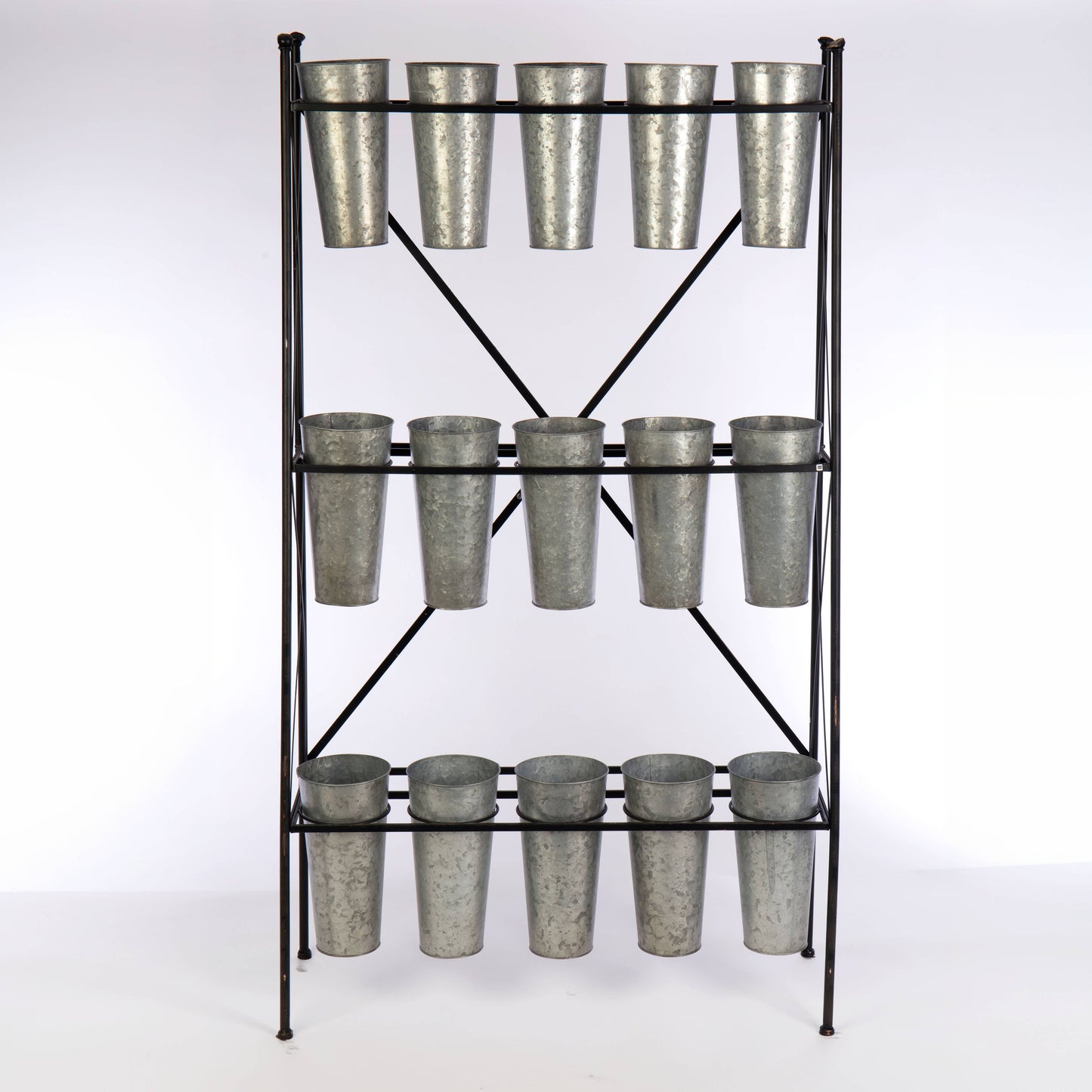 Galvanized Metal 3-Tier Display Stand w/15 Buckets