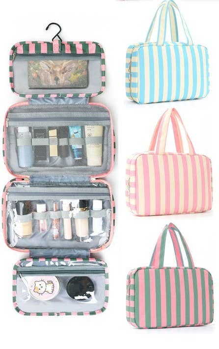 Striped Hanging Toiletry & Makeup Organizer Bag | 40P599: BLUE IVORY