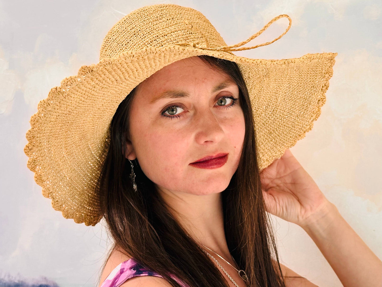 Genevieve 4" Brim Crochet Straw Sun Hat with Lace Weave Edge: Seafoam